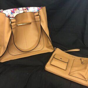 Steve Madden Large Lucia Tan Tote Shoulder Bag with Floral Interior with Clutch